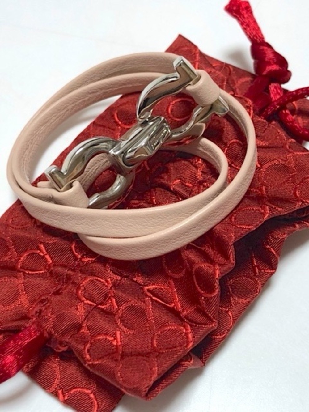 Salvador Ferragamo Pink Leather Choker /Double Wrap Bracelet